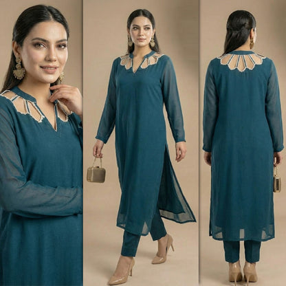 Teal Cutwork Neck Set (ED-05)